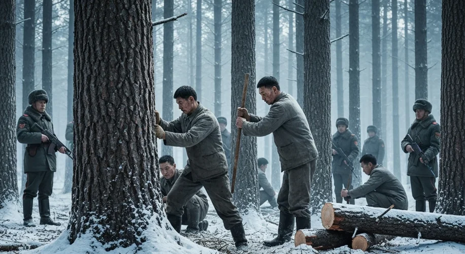 A group of gaunt-faced North Korean laborers, dressed in worn uniforms, are seen felling trees in a 