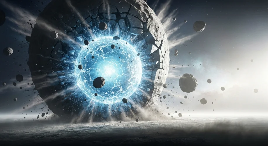 An artist's impression of two asteroids colliding in space, with one fragment revealing a glimpse of