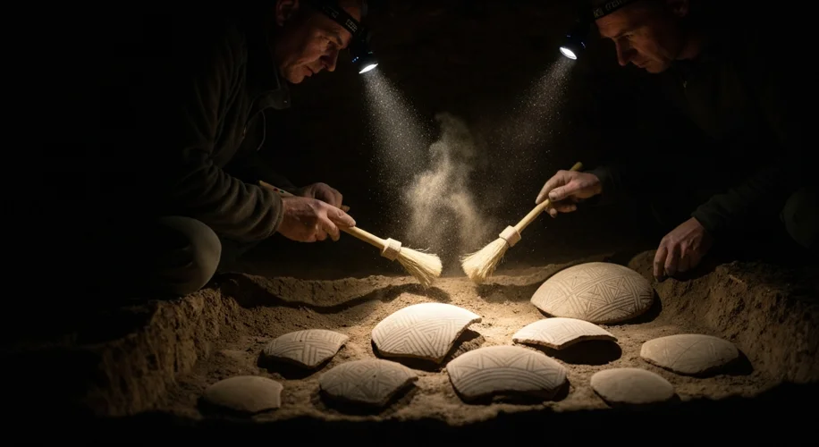 A dimly lit archaeological excavation site in Saxony, Germany. Archaeologists carefully brush dirt a