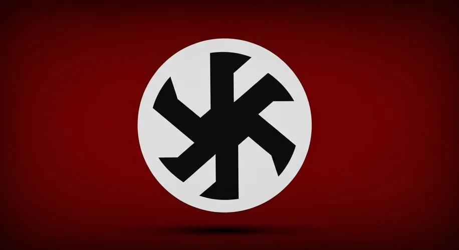 A black swastika symbol, rotated 45 degrees, on a white circle against a red background, displayed p