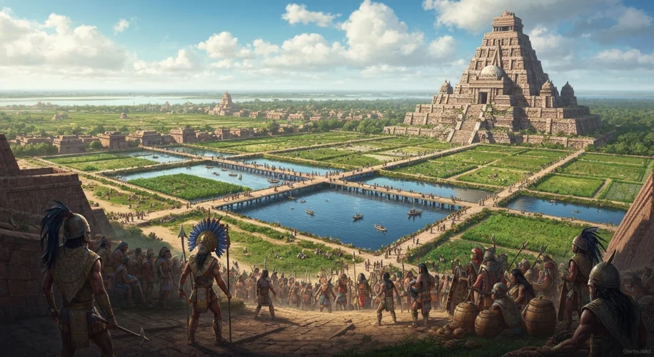 A vibrant and detailed depiction of Tenochtitlan, showcasing its canals, causeways, chinampas, and t