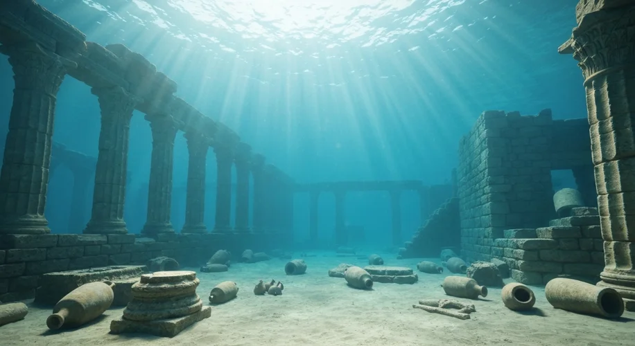 An underwater scene depicting the ruins of an ancient Egyptian-Roman city, with stone columns, remna