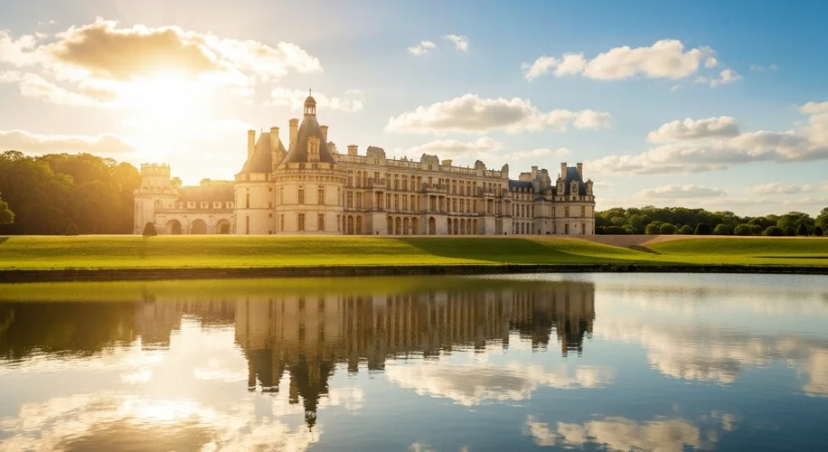 A wide shot of the Palace of Versailles in its glory, bathed in golden sunlight, with manicured gard