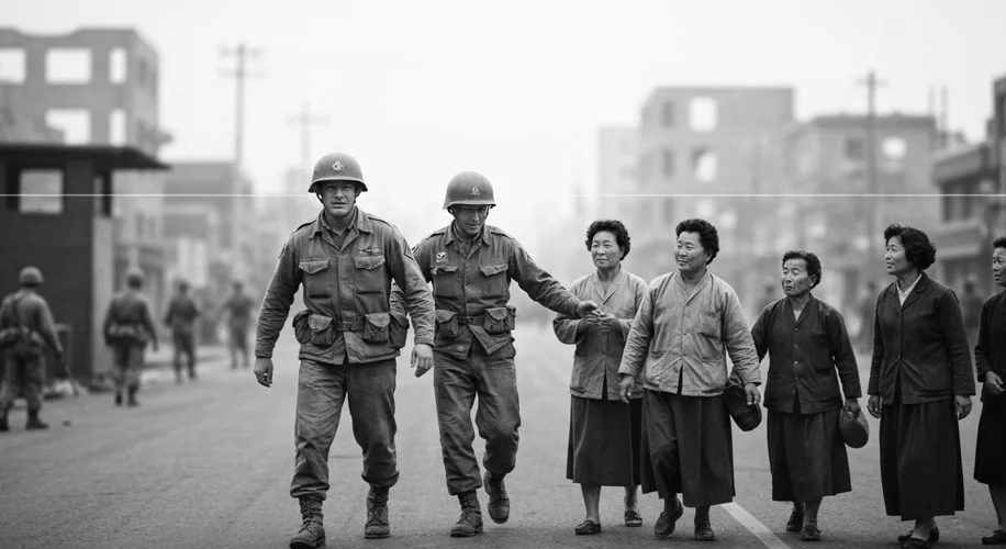 A black and white photograph showing American soldiers greeting Korean civilians in Seoul shortly af