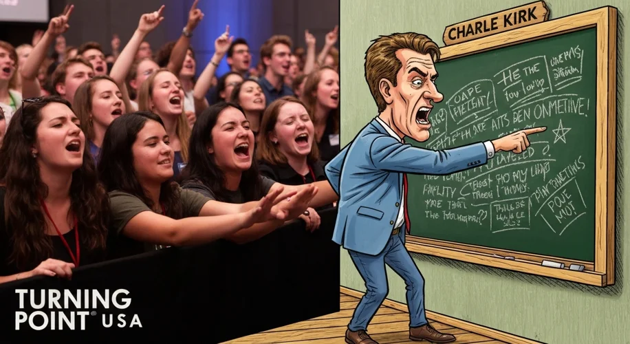 A split image: on one side, a group of diverse young people attending a Turning Point USA event with