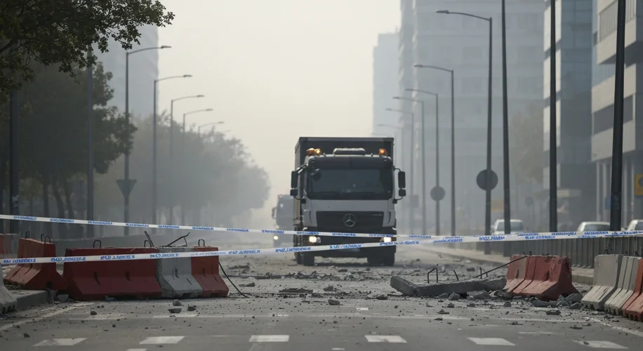 A modern cityscape with a police cordon and damaged barriers in the foreground, a truck visible in t