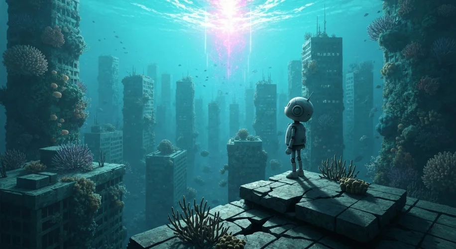 A desolate, submerged city skyline with a lone, childlike robot figure standing on a crumbling rooft