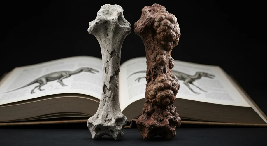 A side-by-side comparison of a healthy dinosaur femur fossil and a diseased one, highlighting the st