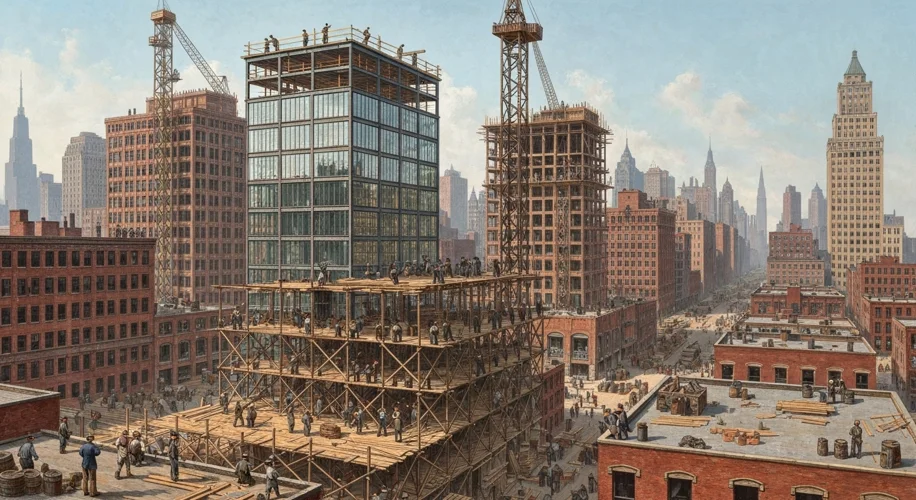 A bustling construction site in Chicago in the late 1870s, showcasing early skyscrapers with steel f
