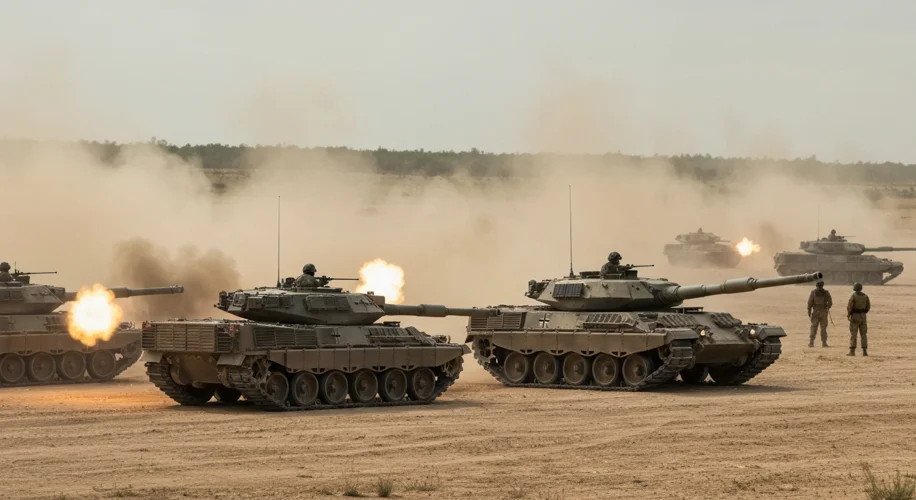 A formation of West German Leopard 1 tanks on maneuvers, kicking up dust on a training ground, with 