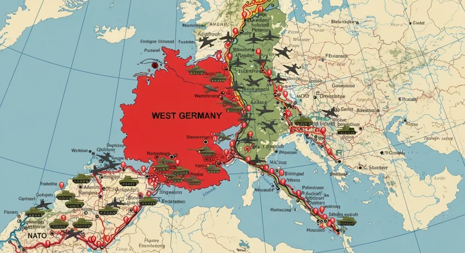 A detailed map of Cold War Europe showing the Iron Curtain dividing East and West Germany, with NATO
