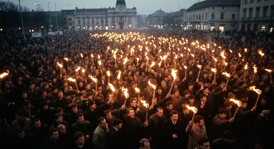 A crowd of Romanian citizens protesting in Timișoara's main square during the December 1989 revoluti