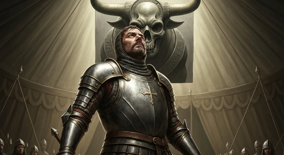 A dramatic depiction of Emperor Frederick II of the Holy Roman Empire, clad in ornate armor, standin