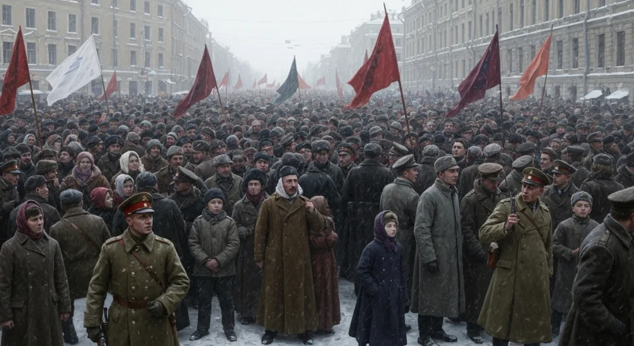 A crowded street scene in Petrograd during the February Revolution of 1917, with protestors holding