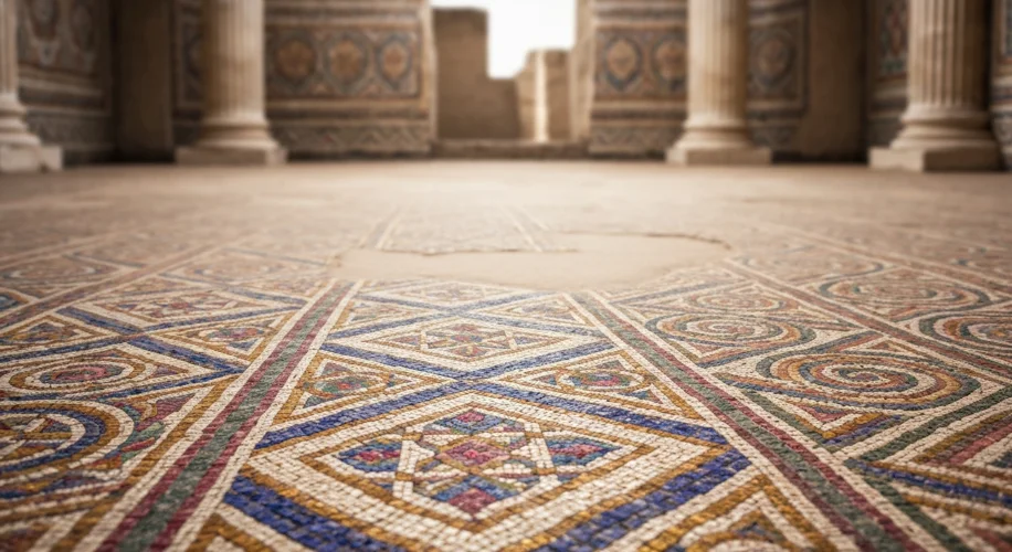 A close-up of a section of a well-preserved Roman mosaic floor, showcasing intricate geometric patte