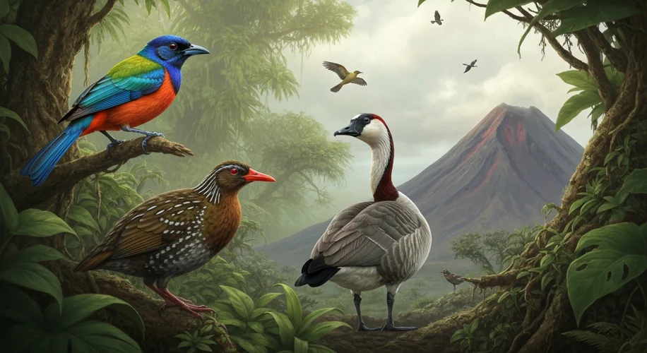 A vibrant, diverse collection of endemic Hawaiian birds perched on lush, tropical foliage. Include a