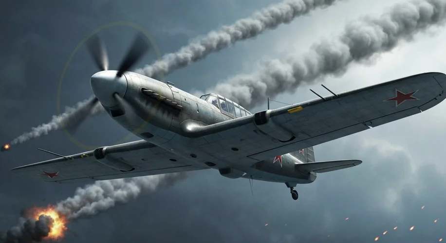 A dramatic, low-angle view of a Soviet Il-2 Shturmovik aircraft in flight during World War II, with 
