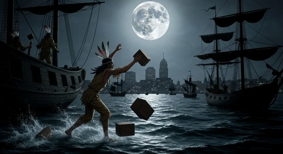 A dramatic scene on Boston Harbor at night during the Boston Tea Party. Colonists disguised as Nativ