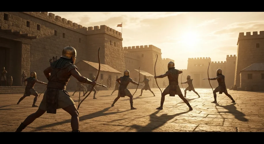A realistic depiction of ancient Egyptian soldiers in bronze helmets and leather armor performing dr