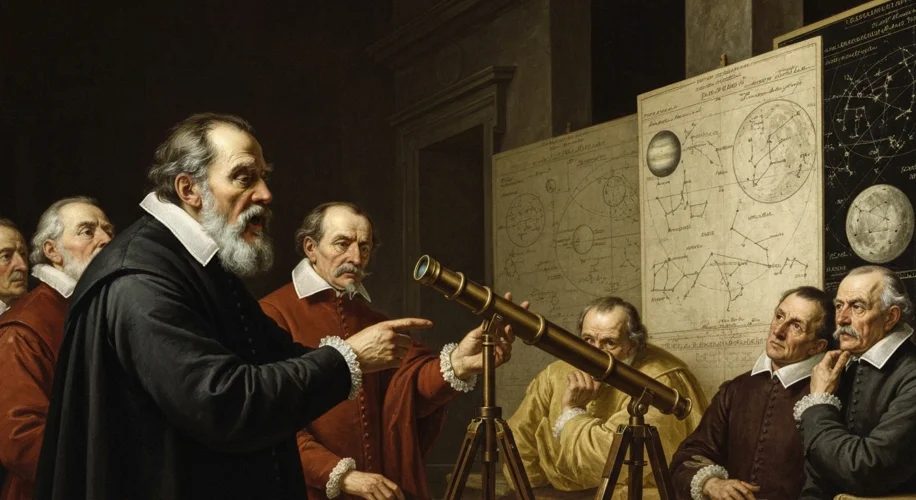A dramatic portrayal of Galileo Galilei demonstrating his telescope to skeptical scholars or church 