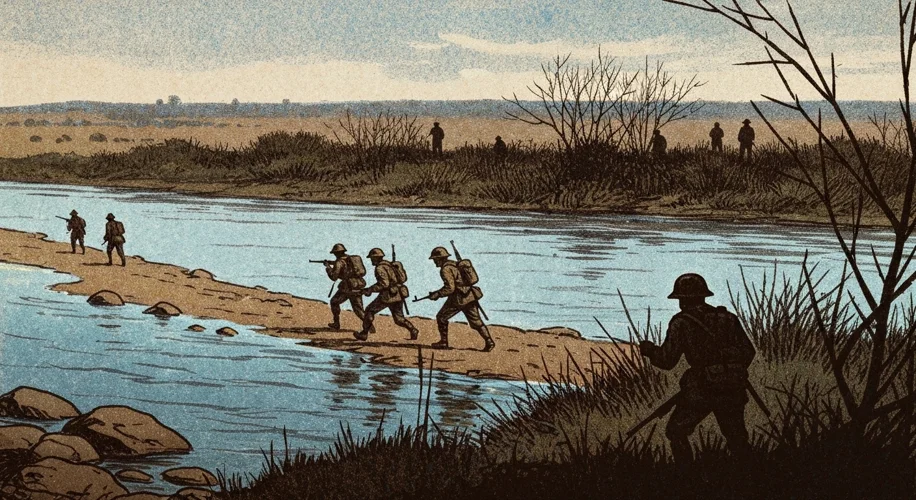 A vintage illustration depicting American soldiers crossing the Rio Grande into Mexico, with a tense