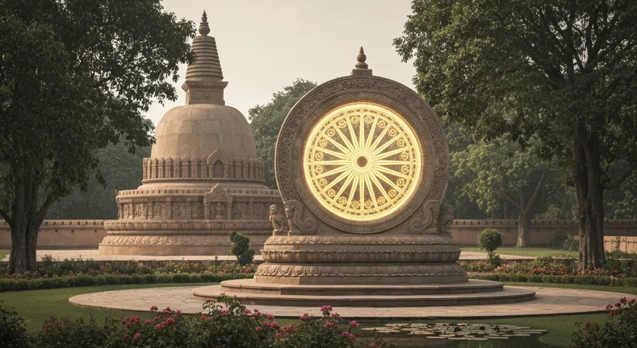 A serene image of the Ashoka Chakra (Wheel of Law) integrated into a Buddhist stupa, set against a b