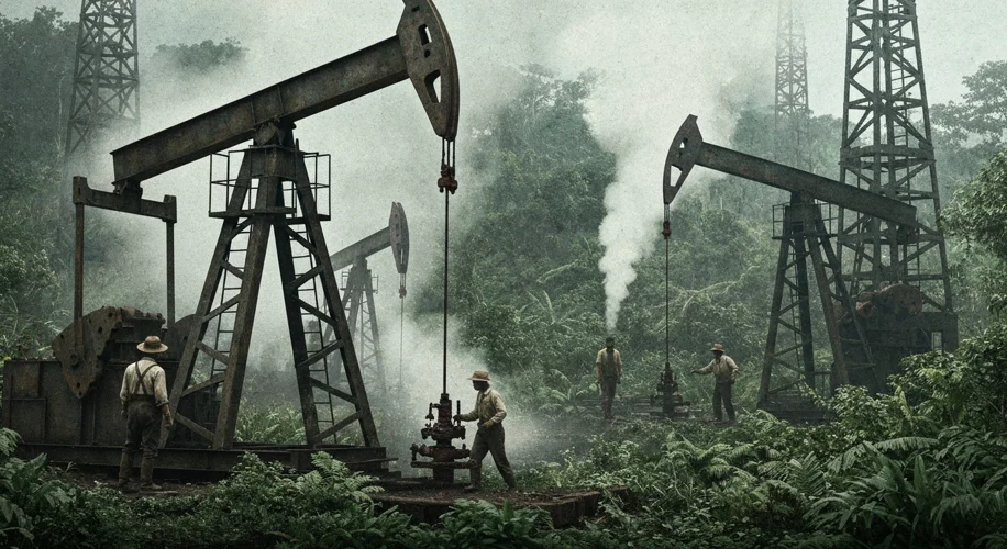 A vintage photograph from the early 20th century showing oil derricks and workers in a lush, humid j