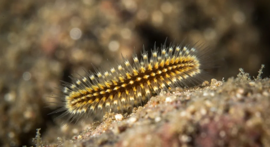A close-up, high-detail photograph of Ophryotrocha labronica, a small marine annelid worm with a shi