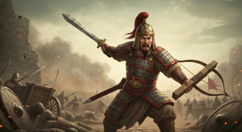 A fierce Qin dynasty soldier in battle armor, wielding a bronze sword and a crossbow, with a backdro