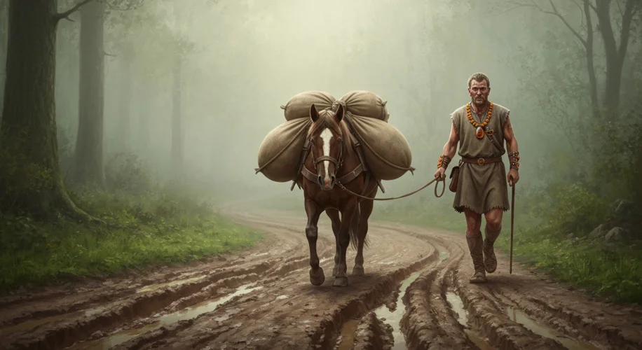 An artistic depiction of an Iron Age Germanic trader leading a pack horse along a muddy, winding pat