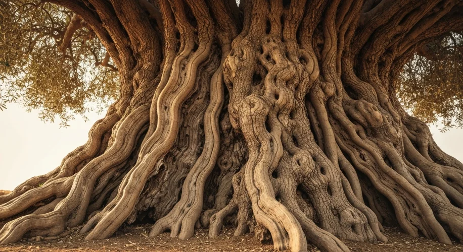 A close-up of an ancient olive tree's gnarled trunk, symbolizing resilience and deep roots in the We