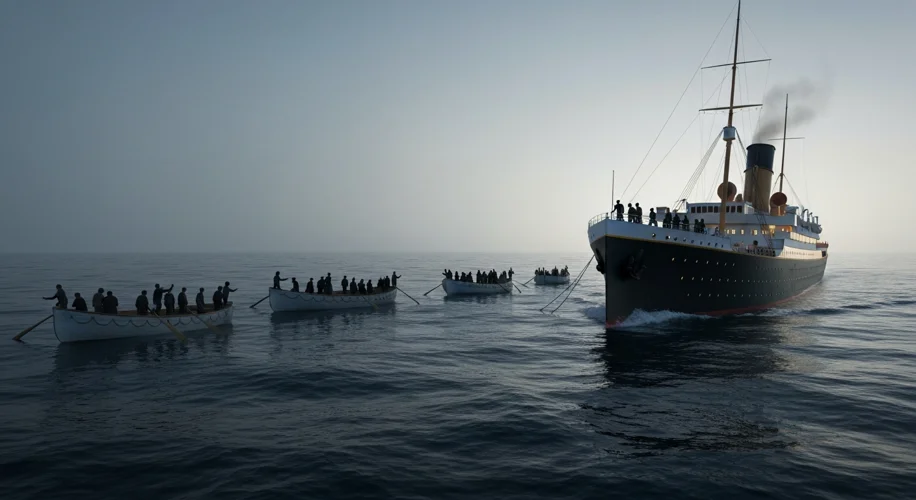 A somber scene of the RMS Carpathia rescuing survivors from lifeboats in the early morning light, wi