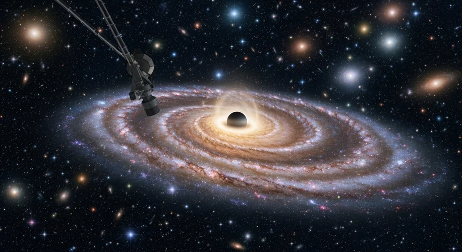 A digital illustration showing the James Webb Space Telescope observing a distant galaxy in the earl