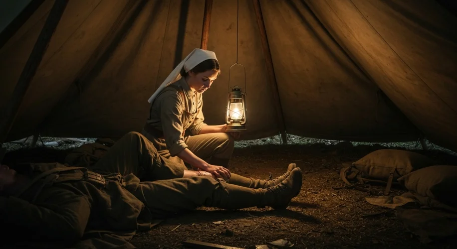 A field hospital tent during WWII, with a nurse administering penicillin to a wounded soldier.