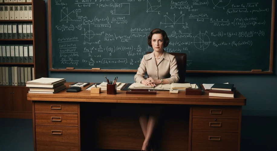 A vintage photograph of Gladys West in the 1970s, looking intelligent and determined, surrounded by 