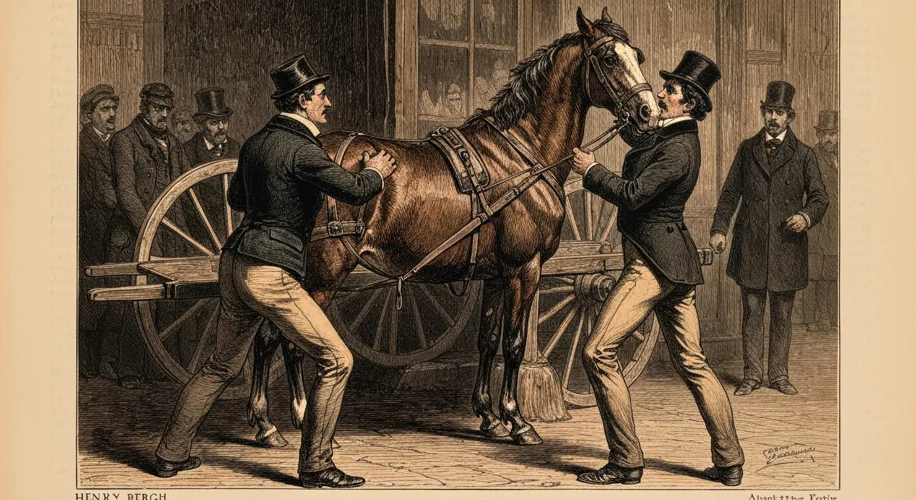A dramatic 19th-century engraving showing Henry Bergh rescuing a mistreated horse from a street vend