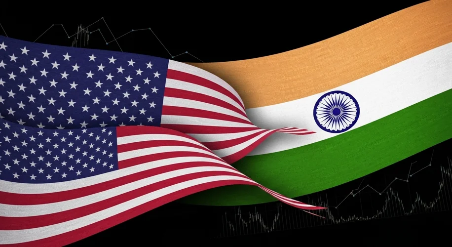 A visual representation of the US and Indian flags intertwined, with a subtle background of global t
