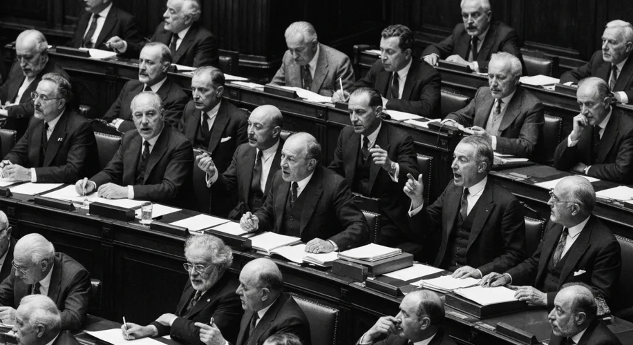 A black and white photograph depicting a tense parliamentary session in France during the Fourth Rep