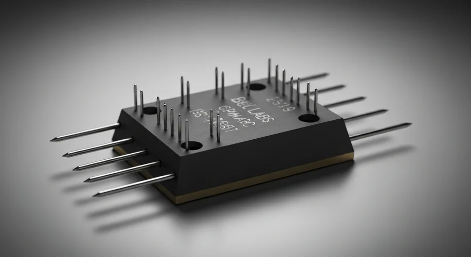 Illustration depicting the first point-contact transistor invented at Bell Labs, showing its intrica