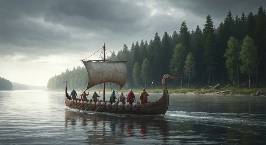 A richly decorated 9th-century longship sailing on a wide, calm river, with a dense, dark forest lin