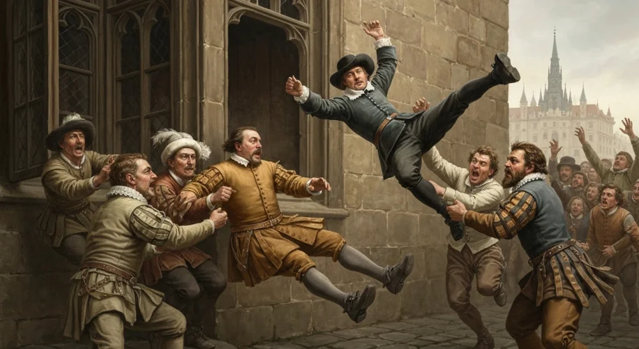 An illustration depicting the dramatic moment of the Defenestration of Prague in 1618, with Protesta