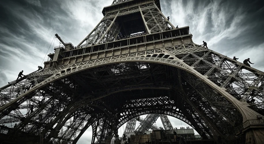 A dramatic, low-angle shot of the Eiffel Tower under construction in Paris, showing the intricate la