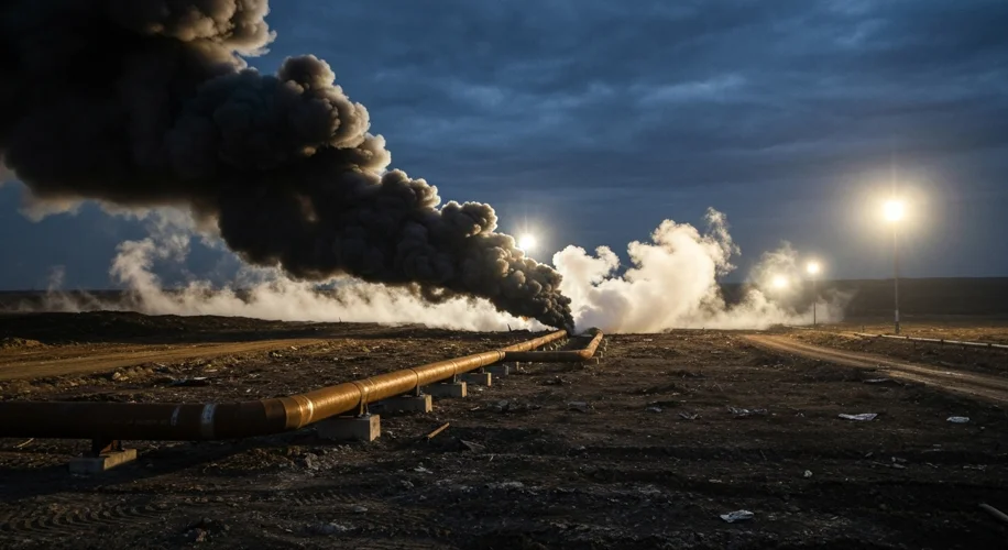 A darkened, ominous view of a section of the Druzhba oil pipeline, with smoke or steam rising from a