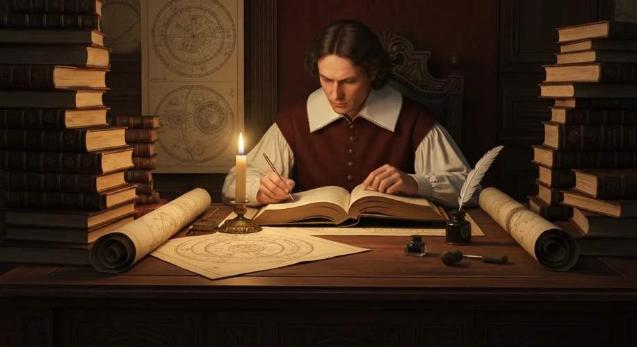 A 17th-century scholar reading by candlelight in a dimly lit study, with stacks of books and astrono