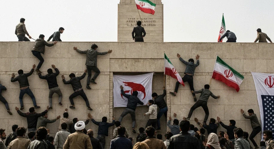 An image depicting Iranian students scaling the walls of the U.S. Embassy in Tehran, with flags and 