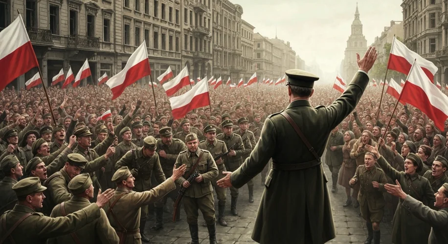 A triumphant scene in Warsaw after the Battle of Warsaw. Polish soldiers are being celebrated by jub