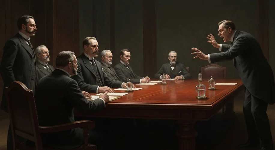 A historical illustration of a turn-of-the-century boardroom with stern-faced men in suits, one man 