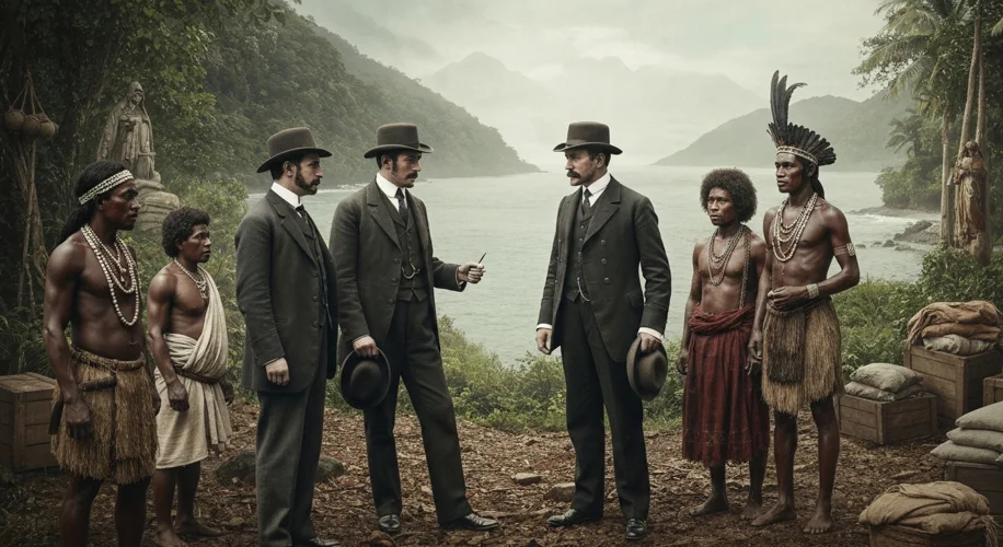 A historical photograph depicting colonial administrators interacting with indigenous populations, w