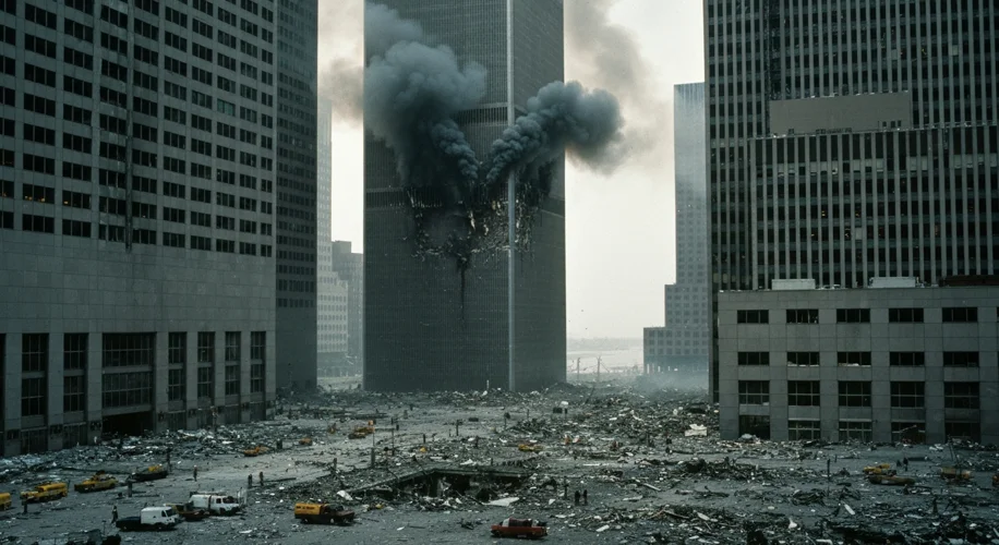A somber scene of the World Trade Center towers in New York City, with smoke billowing from the uppe