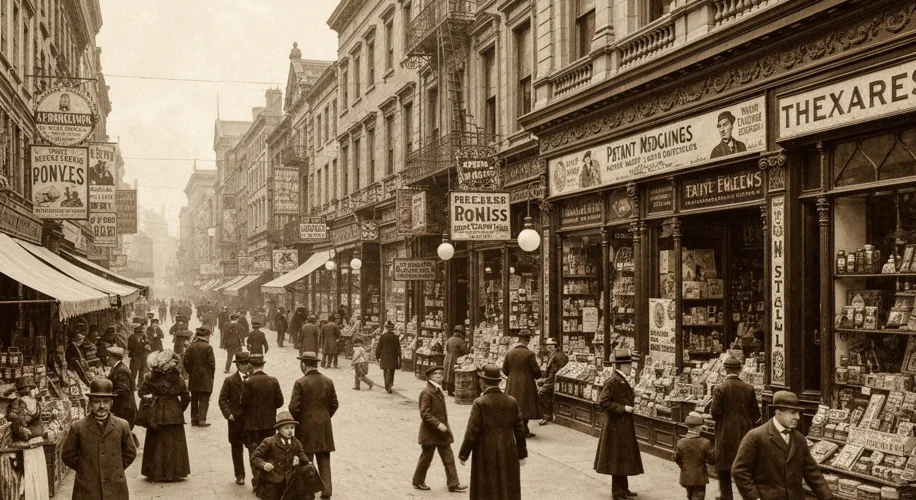 A sepia-toned photograph depicts an early 20th-century street scene with crowded sidewalks and ornat